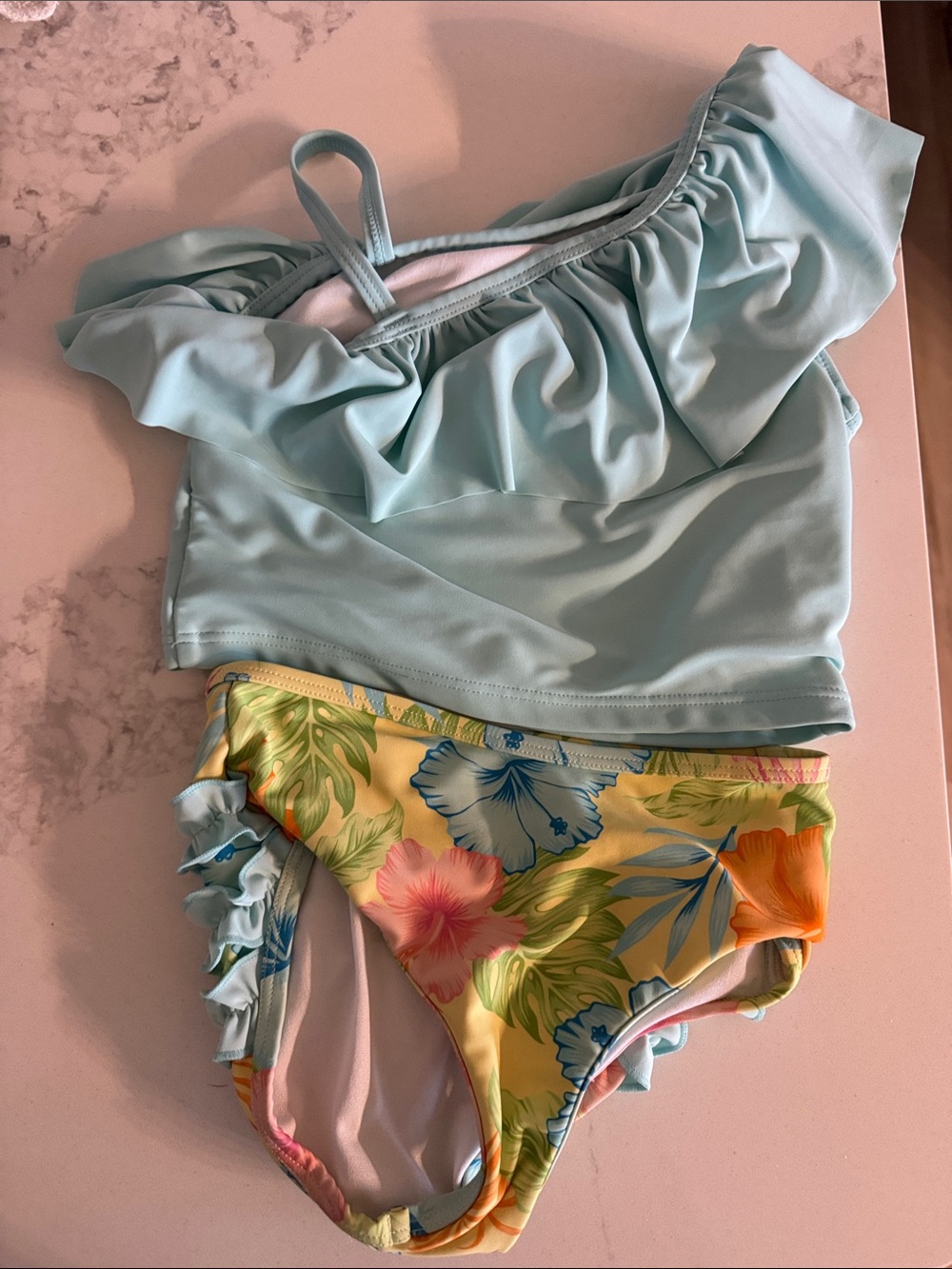 Light Blue Ruffle One-Shoulder Top with Tropical Floral Bikini Bottom